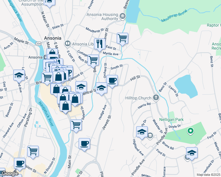 map of restaurants, bars, coffee shops, grocery stores, and more near 43 Jewett Street in Ansonia