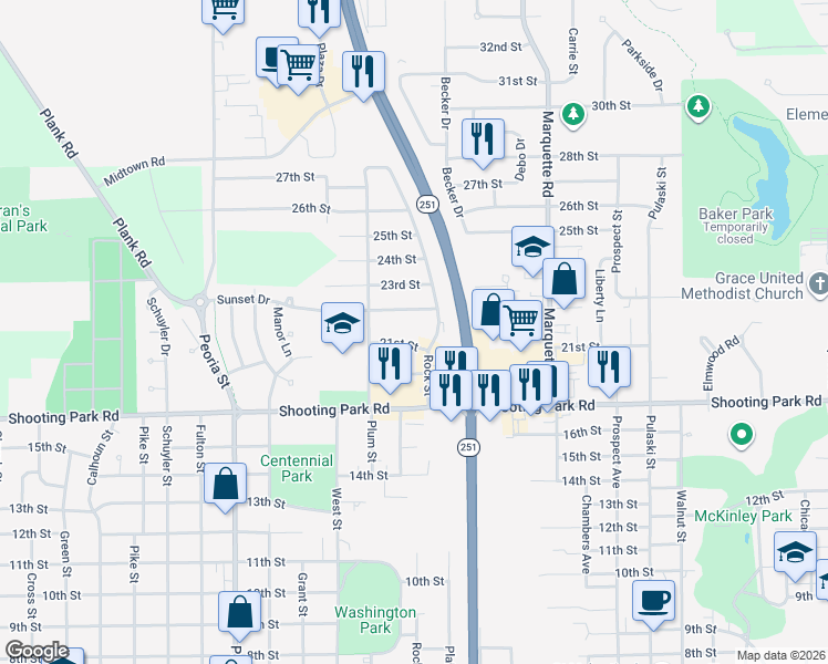 map of restaurants, bars, coffee shops, grocery stores, and more near 1301-1359 21st Street in Peru