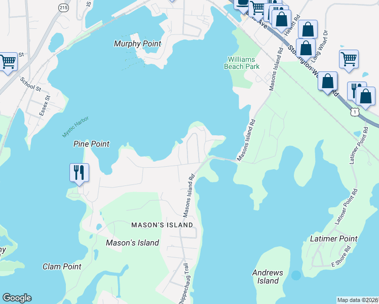 map of restaurants, bars, coffee shops, grocery stores, and more near 12 Beach Drive in Stonington