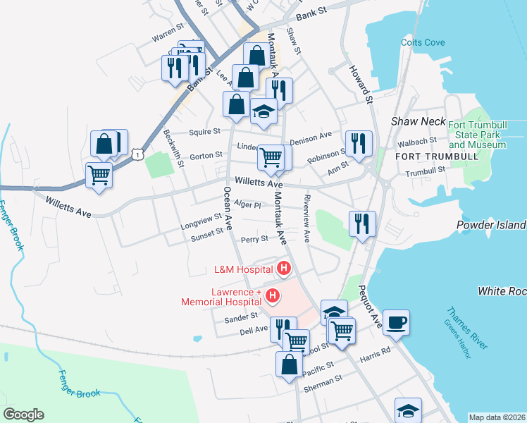 map of restaurants, bars, coffee shops, grocery stores, and more near 24 Avery Court in New London