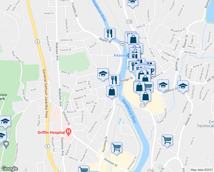 map of restaurants, bars, coffee shops, grocery stores, and more near 6 Crescent Street in Ansonia