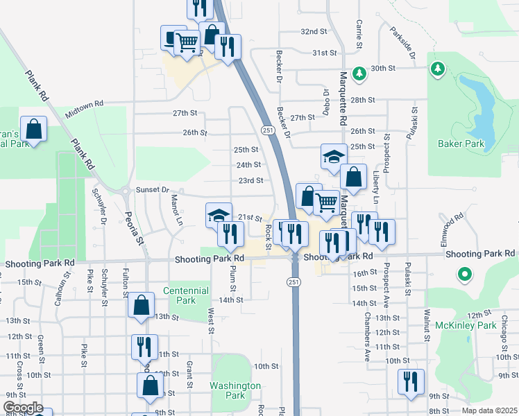 map of restaurants, bars, coffee shops, grocery stores, and more near 1301 21st Street in Peru