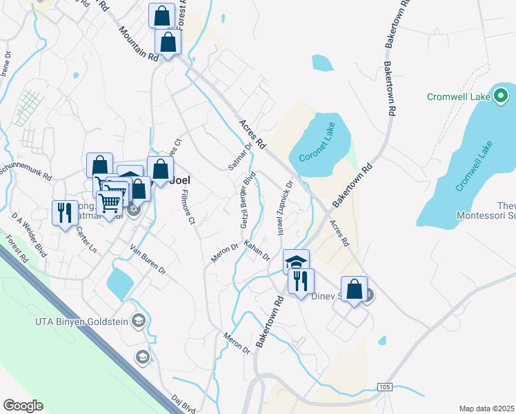 map of restaurants, bars, coffee shops, grocery stores, and more near 6 Kerestier Court in Kiryas Joel
