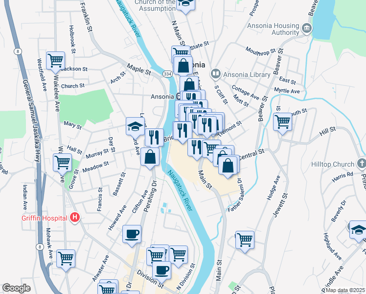 map of restaurants, bars, coffee shops, grocery stores, and more near 20 West Main Street in Ansonia