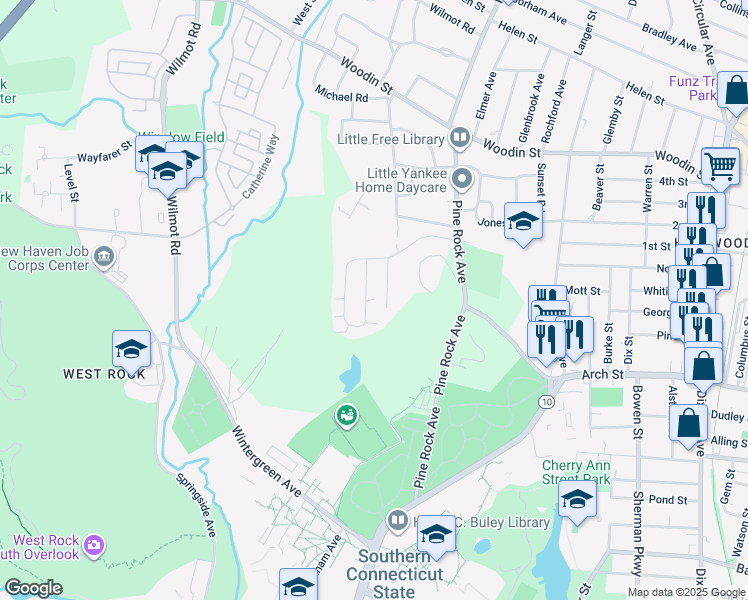 map of restaurants, bars, coffee shops, grocery stores, and more near 16 High Top Circle West in Hamden