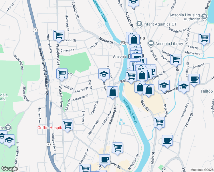map of restaurants, bars, coffee shops, grocery stores, and more near 1 Lester Street in Ansonia