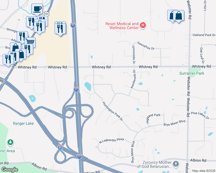 map of restaurants, bars, coffee shops, grocery stores, and more near 16270 Commons Oval in Strongsville
