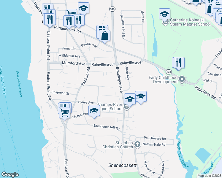 map of restaurants, bars, coffee shops, grocery stores, and more near 113 Warner Street in Groton