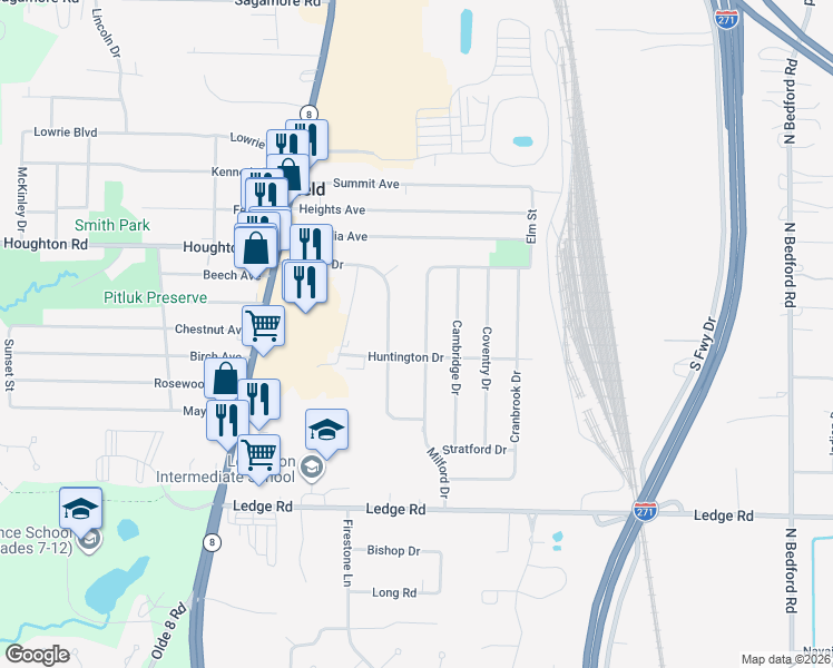 map of restaurants, bars, coffee shops, grocery stores, and more near 9216 Milford Drive in Northfield