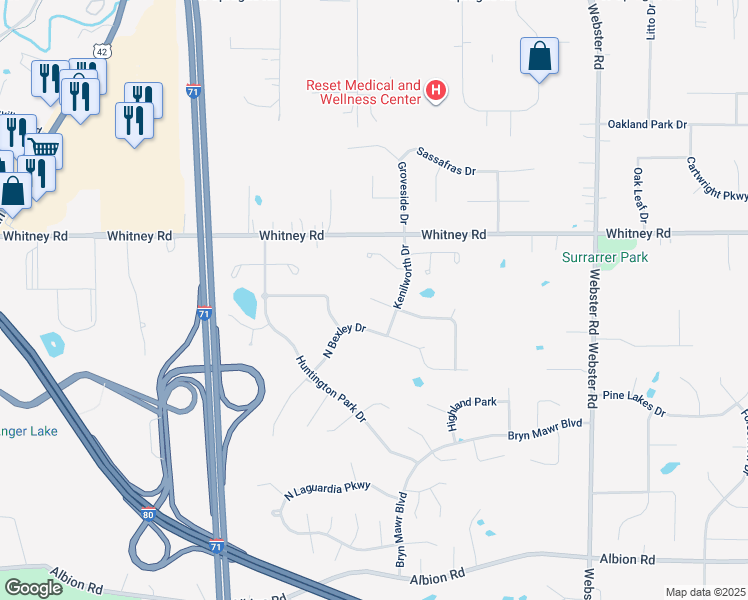 map of restaurants, bars, coffee shops, grocery stores, and more near 9330 Ellis Way in Strongsville