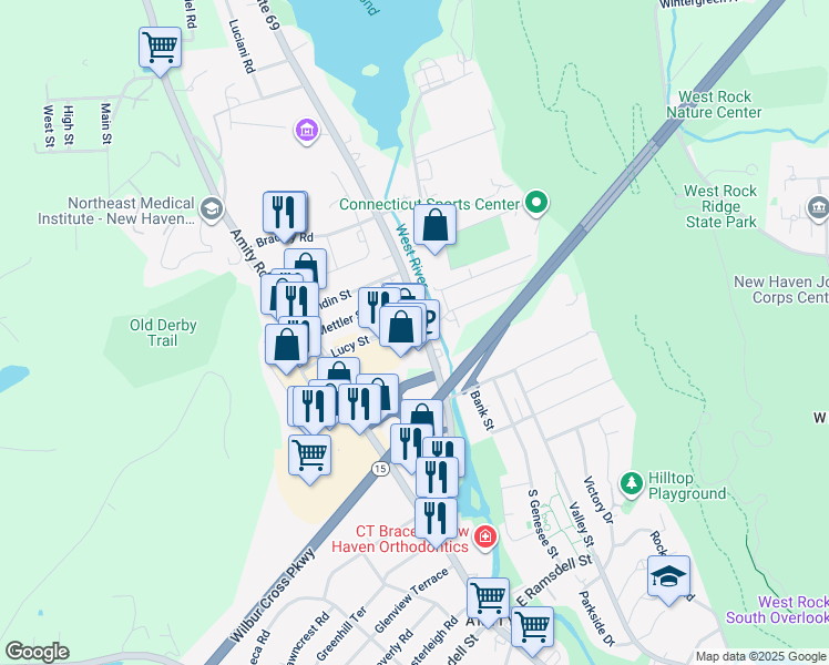 map of restaurants, bars, coffee shops, grocery stores, and more near 1676 Litchfield Turnpike in Woodbridge