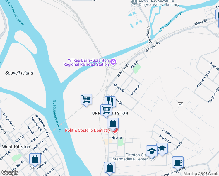 map of restaurants, bars, coffee shops, grocery stores, and more near 683-685 N Main St in Pittston