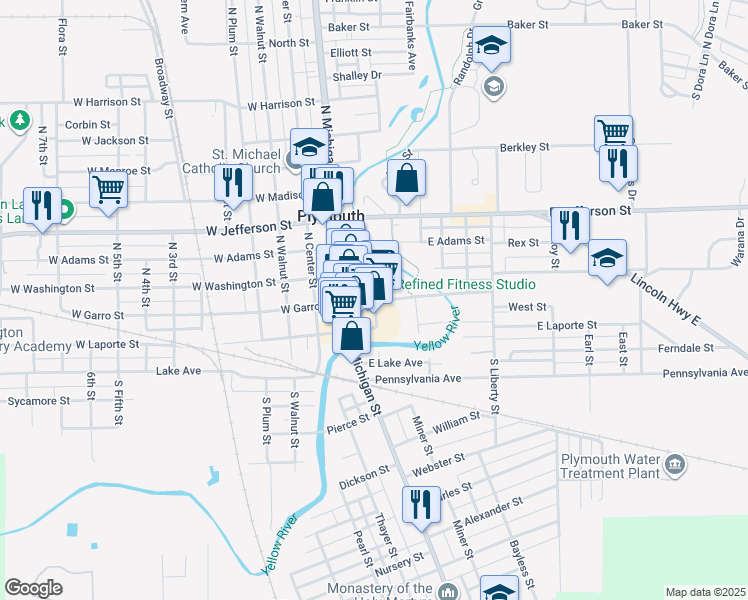 map of restaurants, bars, coffee shops, grocery stores, and more near 201 Water Street in Plymouth