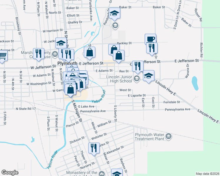 map of restaurants, bars, coffee shops, grocery stores, and more near 201-299 Indiana Street in Plymouth