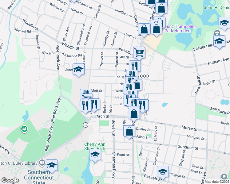 map of restaurants, bars, coffee shops, grocery stores, and more near 68 Whiting Street in Hamden