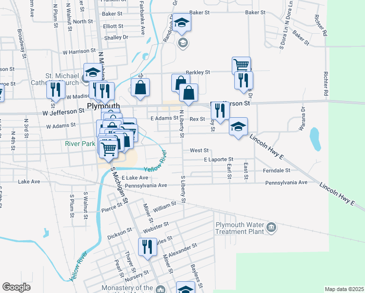 map of restaurants, bars, coffee shops, grocery stores, and more near 220 North Liberty Street in Plymouth