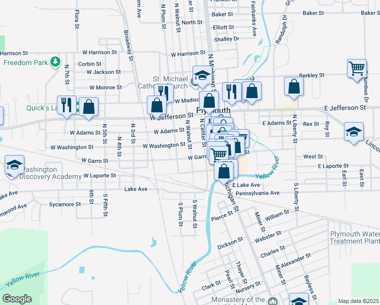 map of restaurants, bars, coffee shops, grocery stores, and more near 201-299 W Washington St in Plymouth