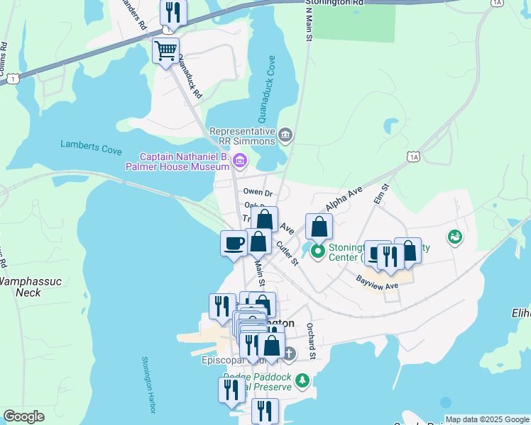 map of restaurants, bars, coffee shops, grocery stores, and more near 230 North Main Street in Stonington