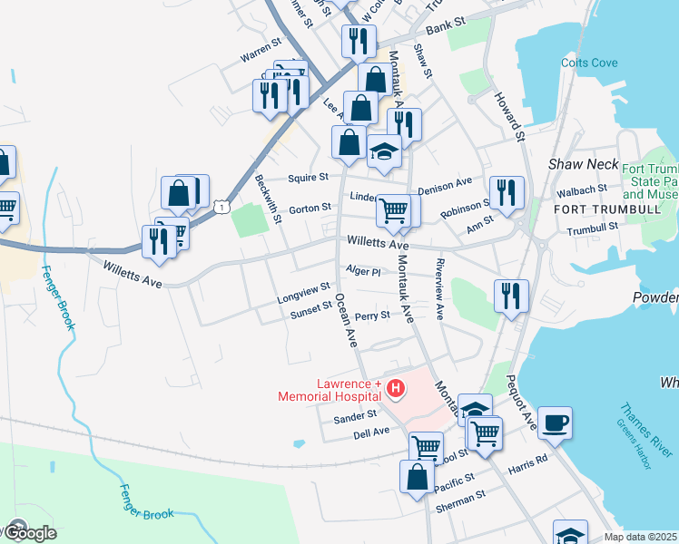 map of restaurants, bars, coffee shops, grocery stores, and more near 208 Ocean Avenue in New London