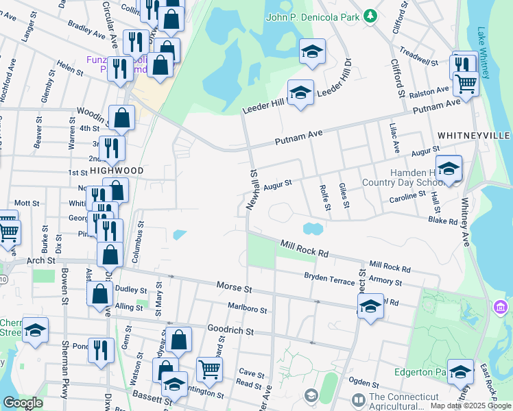 map of restaurants, bars, coffee shops, grocery stores, and more near 304 Augur Street in Hamden