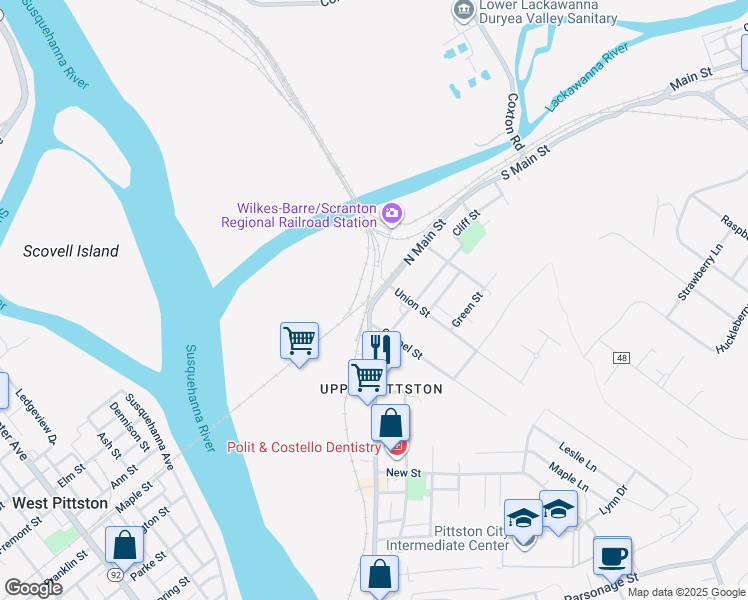 map of restaurants, bars, coffee shops, grocery stores, and more near 683-685 N Main St in Pittston