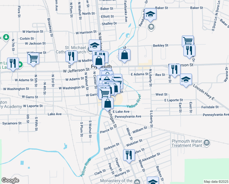 map of restaurants, bars, coffee shops, grocery stores, and more near 100-120 East Washington Street in Plymouth