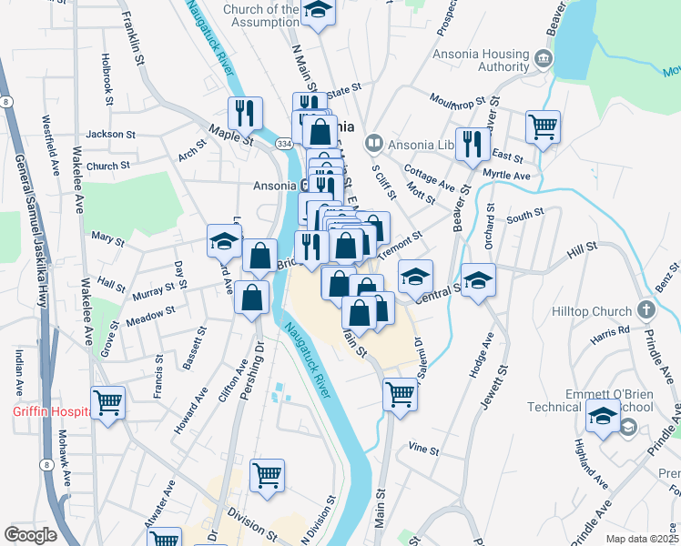 map of restaurants, bars, coffee shops, grocery stores, and more near 360 Main Street in Ansonia