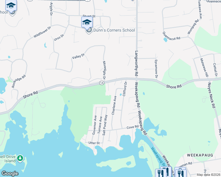 map of restaurants, bars, coffee shops, grocery stores, and more near 4 Sharon Drive in Westerly