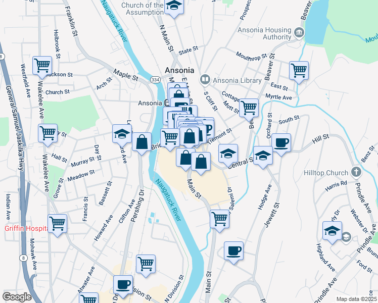 map of restaurants, bars, coffee shops, grocery stores, and more near 366 Main Street in Ansonia