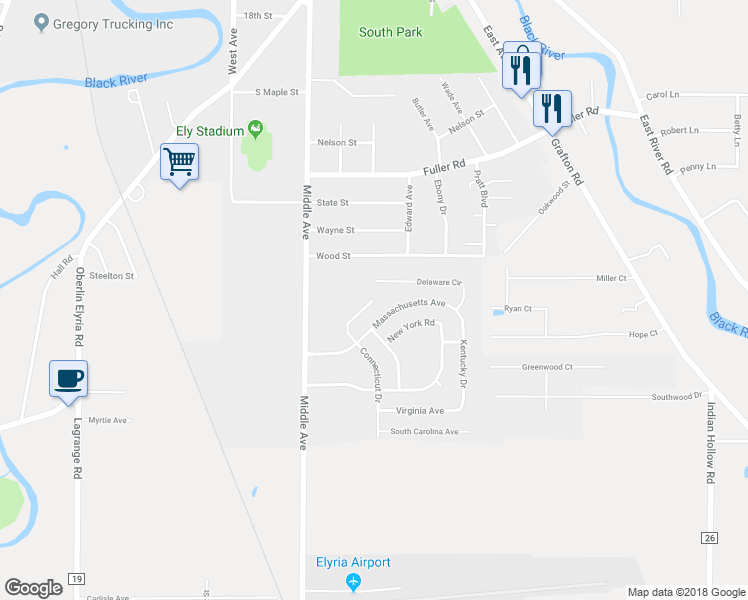 map of restaurants, bars, coffee shops, grocery stores, and more near 2 New Hampshire Circle in Elyria