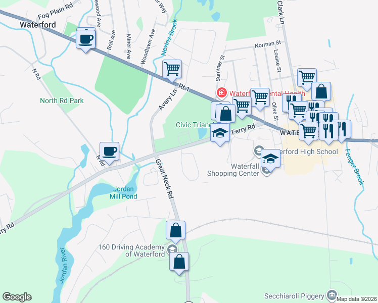 map of restaurants, bars, coffee shops, grocery stores, and more near 23-51 Rope Ferry Road in Waterford