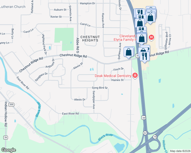 map of restaurants, bars, coffee shops, grocery stores, and more near 454 Pemberton Drive in Elyria