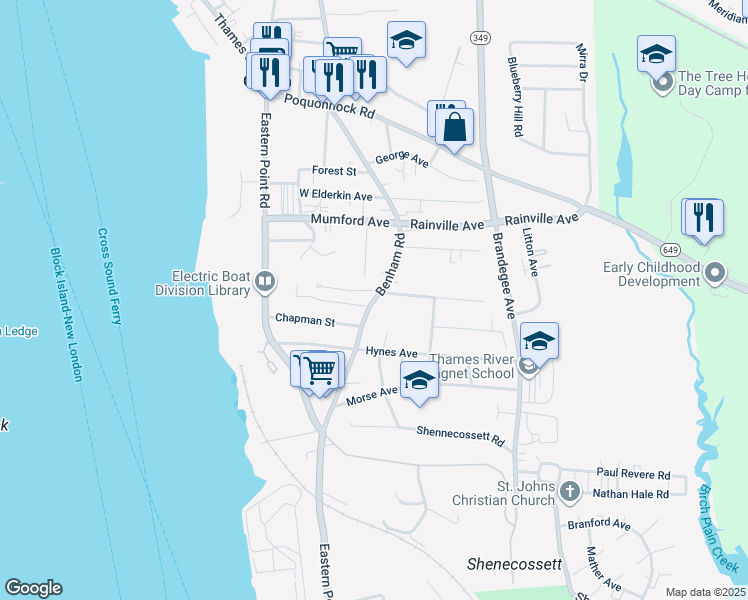 map of restaurants, bars, coffee shops, grocery stores, and more near 16 Warner Street in Groton