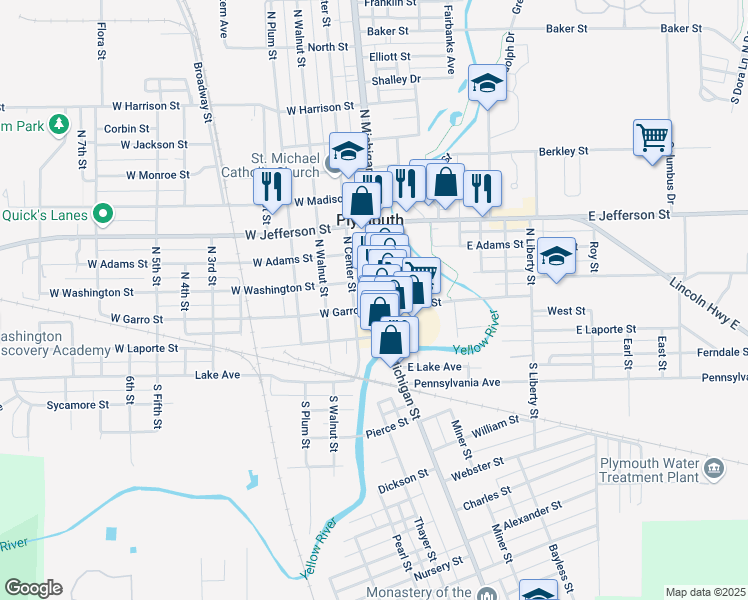 map of restaurants, bars, coffee shops, grocery stores, and more near 109 West Washington Street in Plymouth