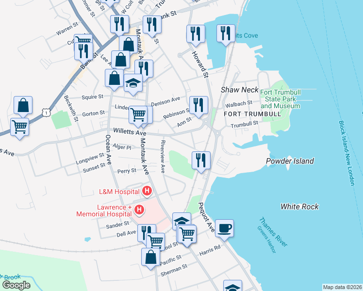 map of restaurants, bars, coffee shops, grocery stores, and more near 64 Maple Avenue in New London