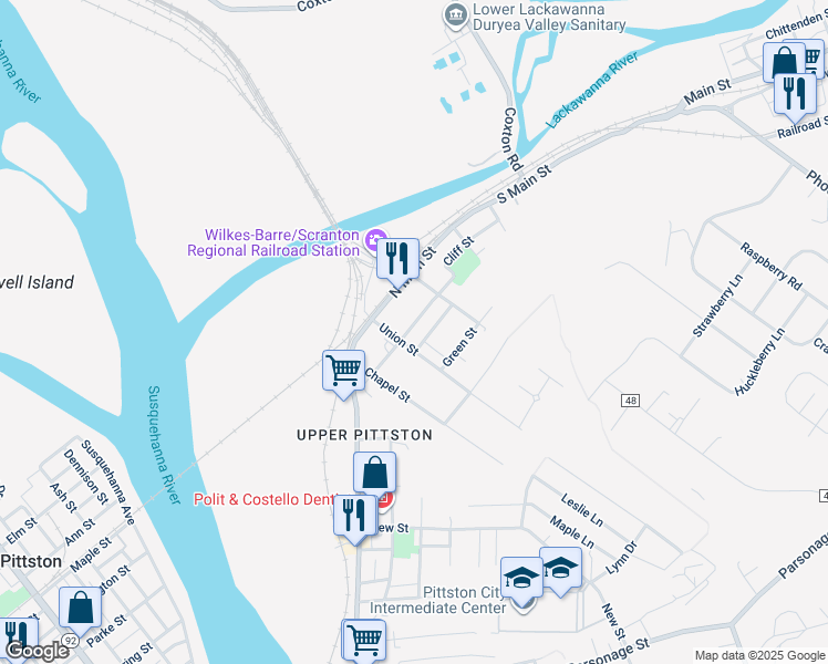 map of restaurants, bars, coffee shops, grocery stores, and more near 75 Cliff Street in Pittston
