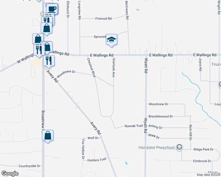 map of restaurants, bars, coffee shops, grocery stores, and more near 1378 Woodmere Drive in Broadview Heights