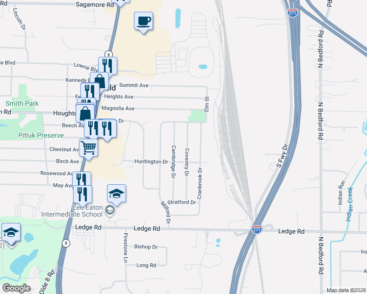 map of restaurants, bars, coffee shops, grocery stores, and more near 9215 Coventry Drive in Northfield