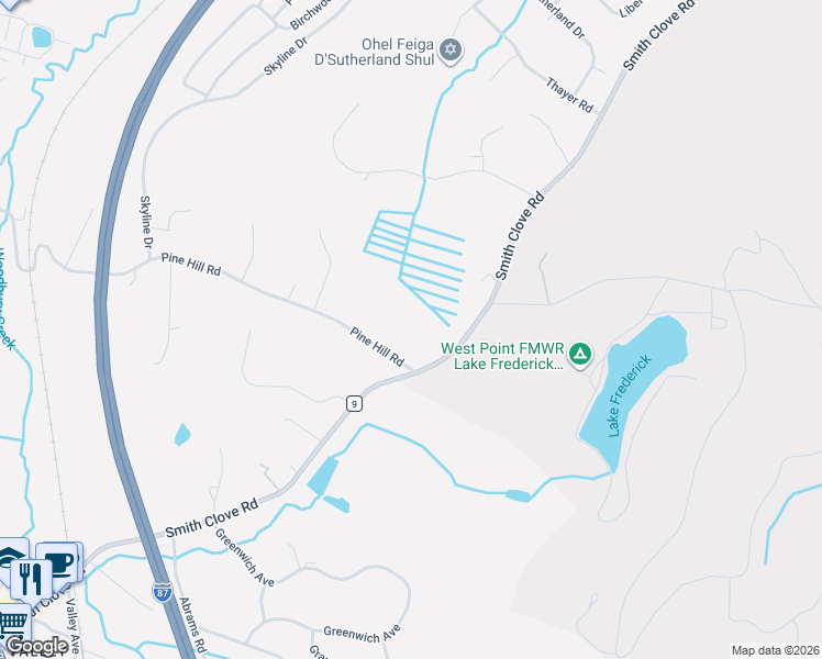 map of restaurants, bars, coffee shops, grocery stores, and more near 221 Smith Clove Road in Woodbury