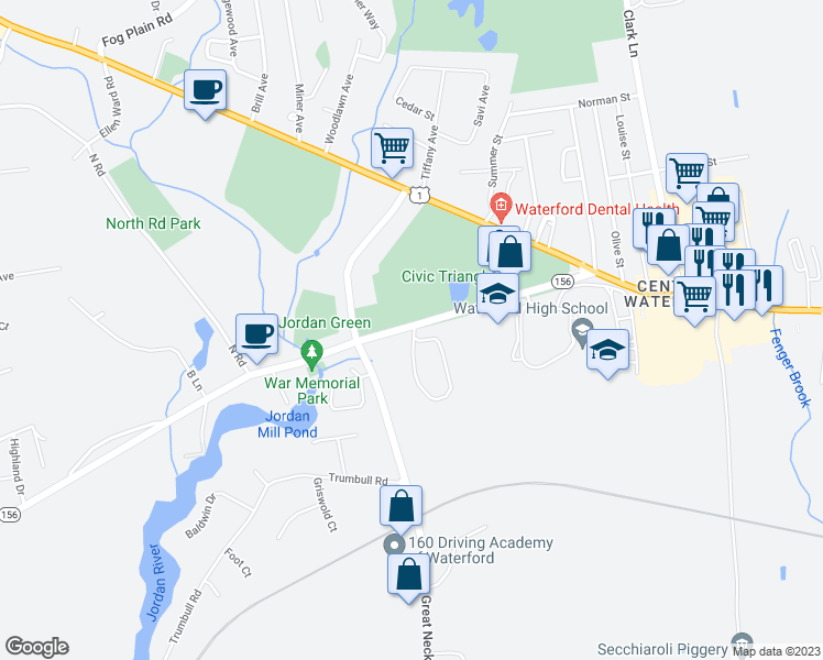 map of restaurants, bars, coffee shops, grocery stores, and more near 54 Rope Ferry Road in Waterford