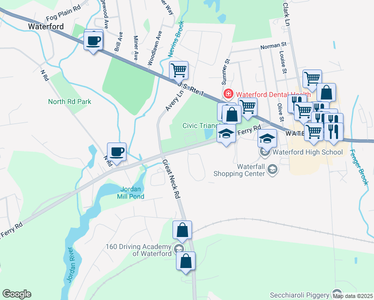map of restaurants, bars, coffee shops, grocery stores, and more near 54 Rope Ferry Road in Waterford