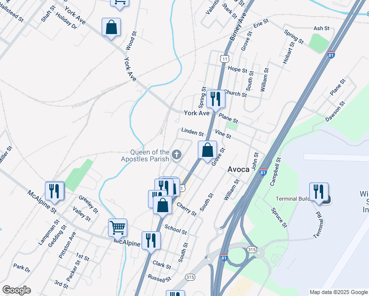 map of restaurants, bars, coffee shops, grocery stores, and more near 845 Chestnut St in Avoca