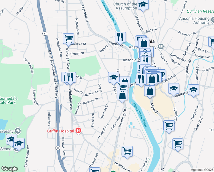 map of restaurants, bars, coffee shops, grocery stores, and more near 115 Howard Avenue in Ansonia
