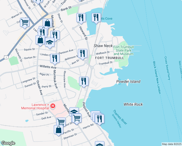 map of restaurants, bars, coffee shops, grocery stores, and more near 21 Pequot Avenue in New London