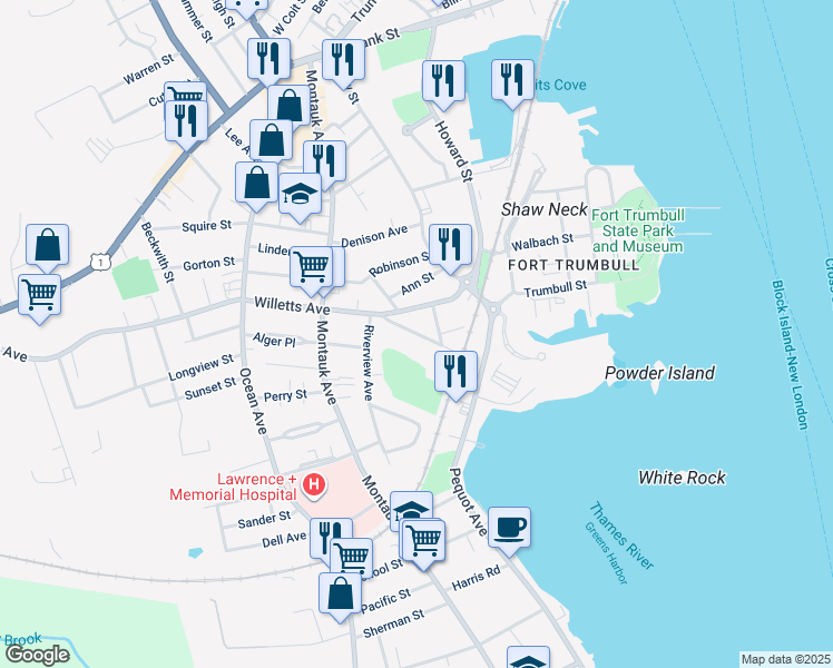 map of restaurants, bars, coffee shops, grocery stores, and more near 69 Maple Avenue in New London