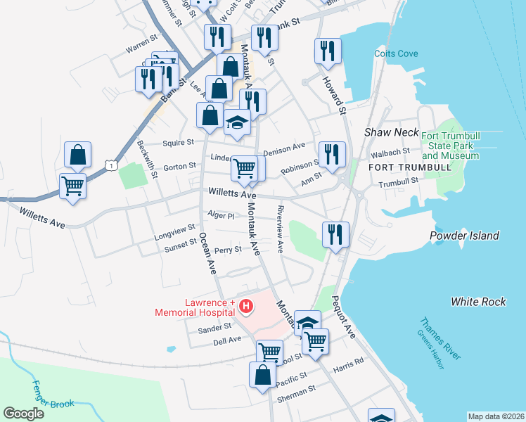 map of restaurants, bars, coffee shops, grocery stores, and more near 222 Montauk Avenue in New London
