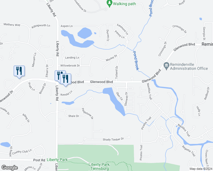 map of restaurants, bars, coffee shops, grocery stores, and more near 3176 Glenbrook Drive in Twinsburg