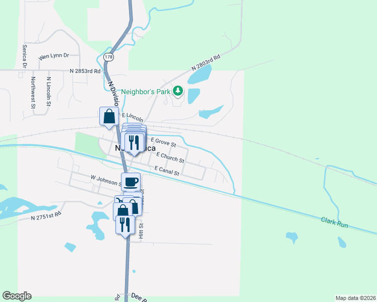 map of restaurants, bars, coffee shops, grocery stores, and more near 217 Oak Street in North Utica