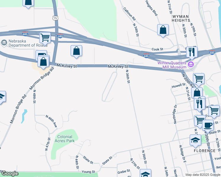 map of restaurants, bars, coffee shops, grocery stores, and more near Town Country Trailer Park Road in Omaha