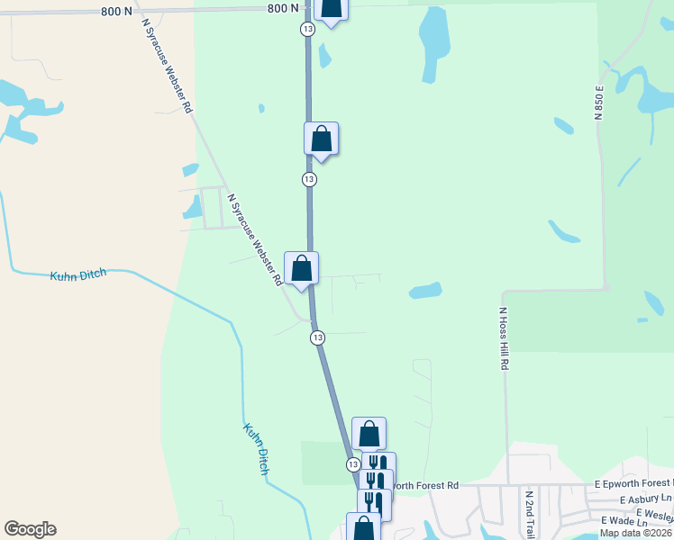 map of restaurants, bars, coffee shops, grocery stores, and more near 7240 Indiana 13 in North Webster